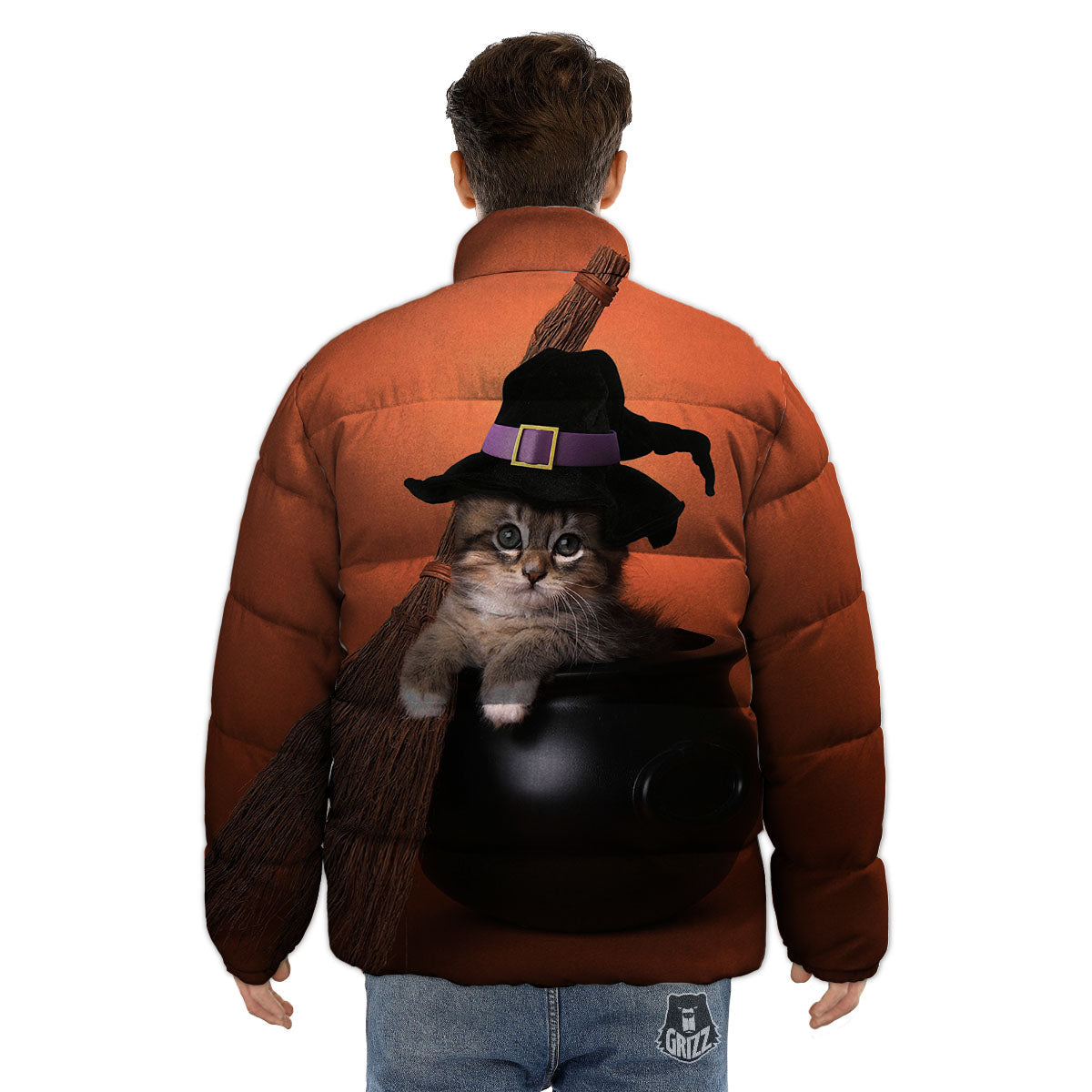 Witch Cat Halloween Cute Print Puffer Jacket-grizzshop