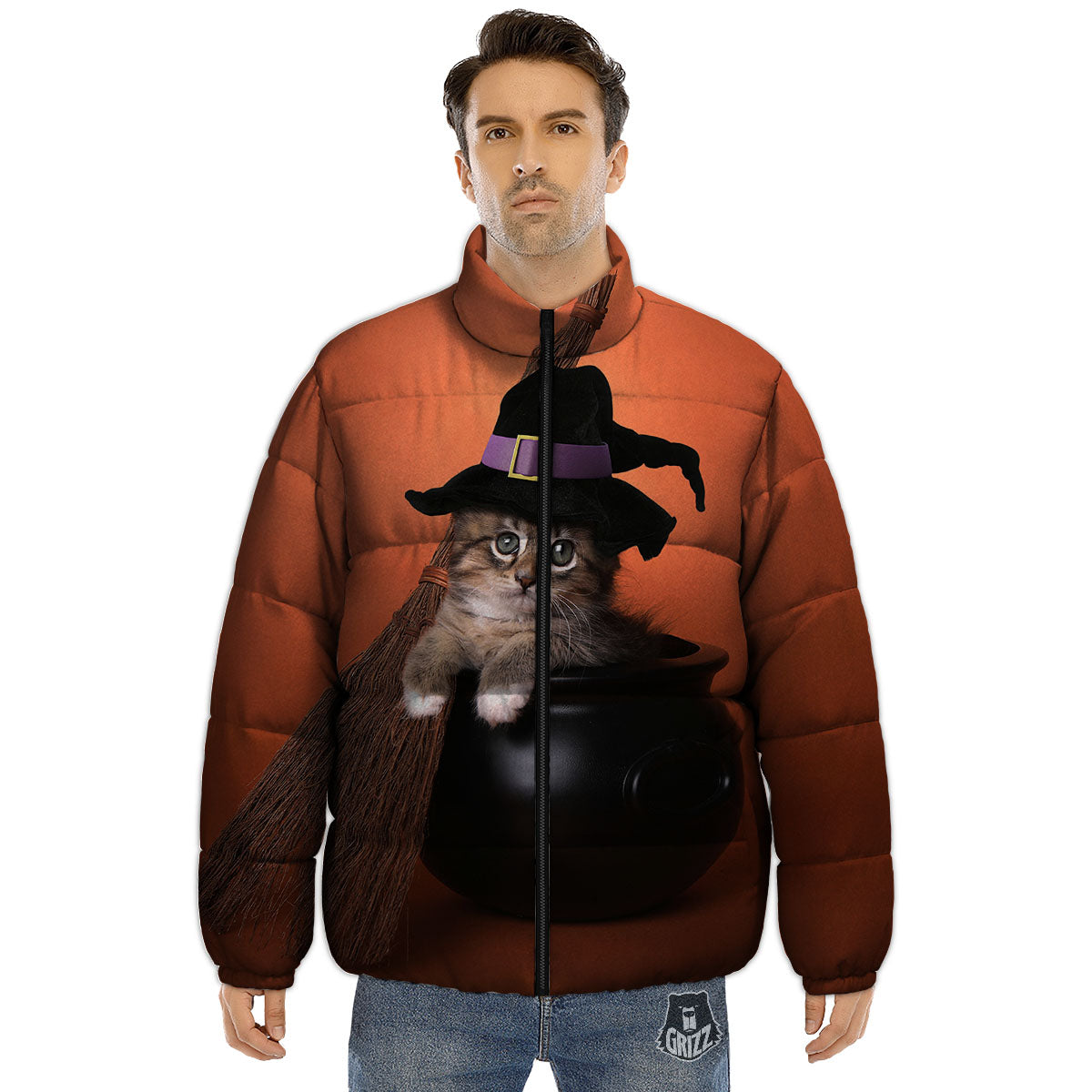 Witch Cat Halloween Cute Print Puffer Jacket-grizzshop