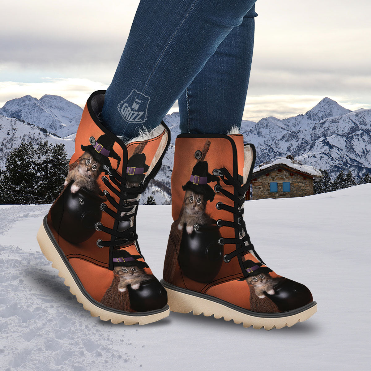 Witch Cat Halloween Cute Print Snow Boots-grizzshop