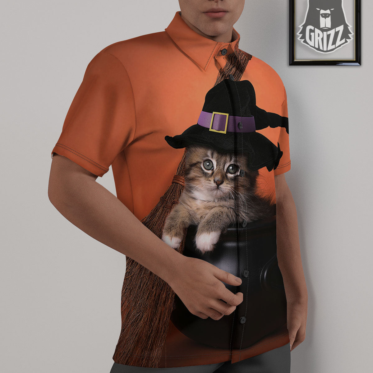 Witch Cat Halloween Cute Print Untucked Shirts-grizzshop