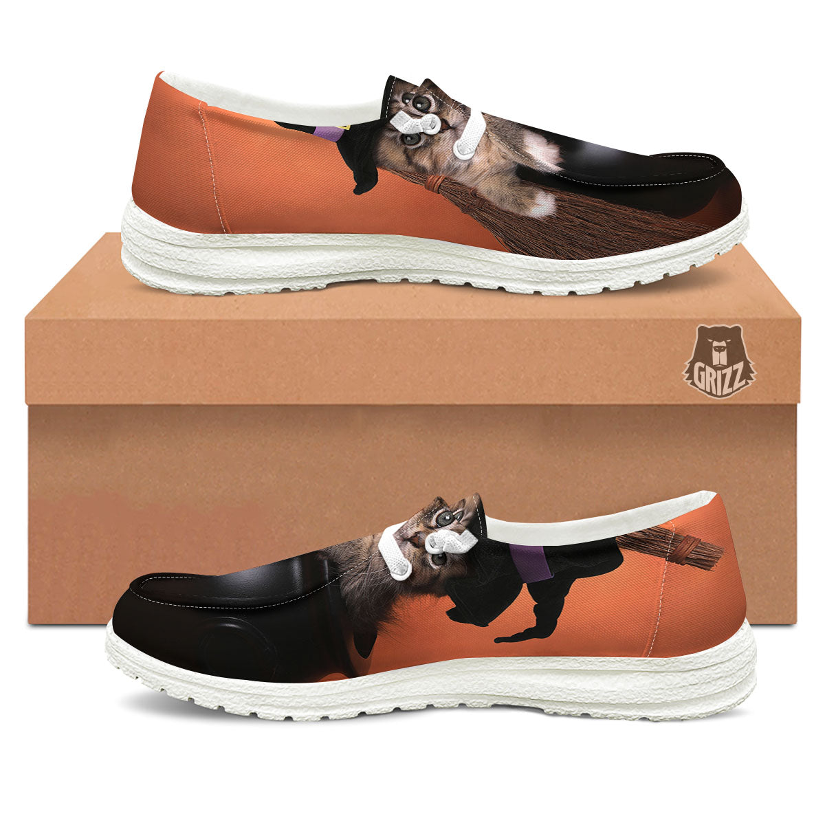Witch Cat Halloween Cute Print White Loafers-grizzshop