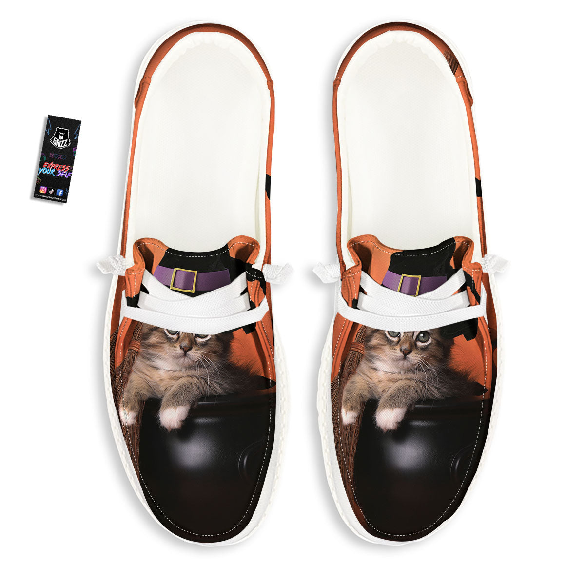 Witch Cat Halloween Cute Print White Loafers-grizzshop