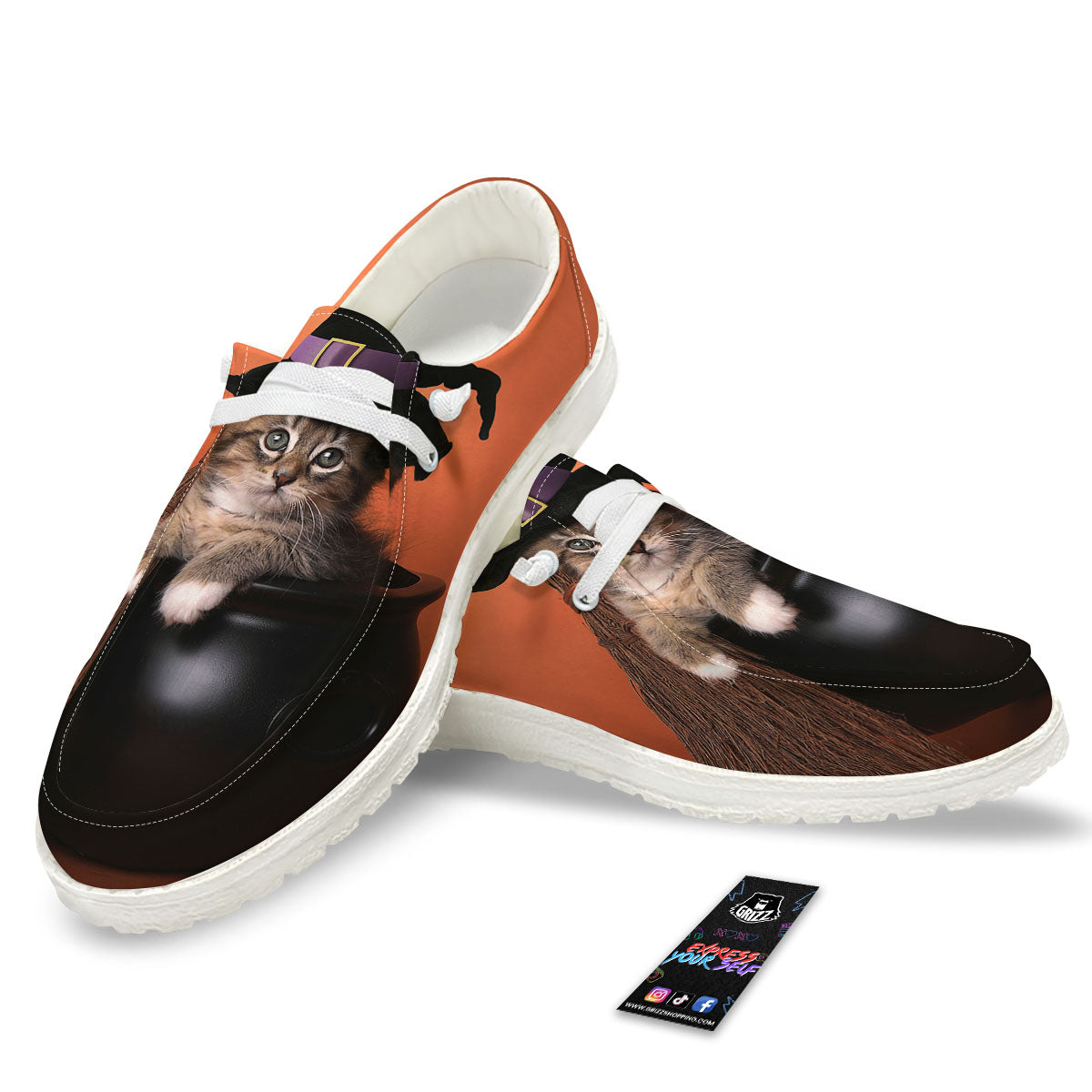 Witch Cat Halloween Cute Print White Loafers-grizzshop