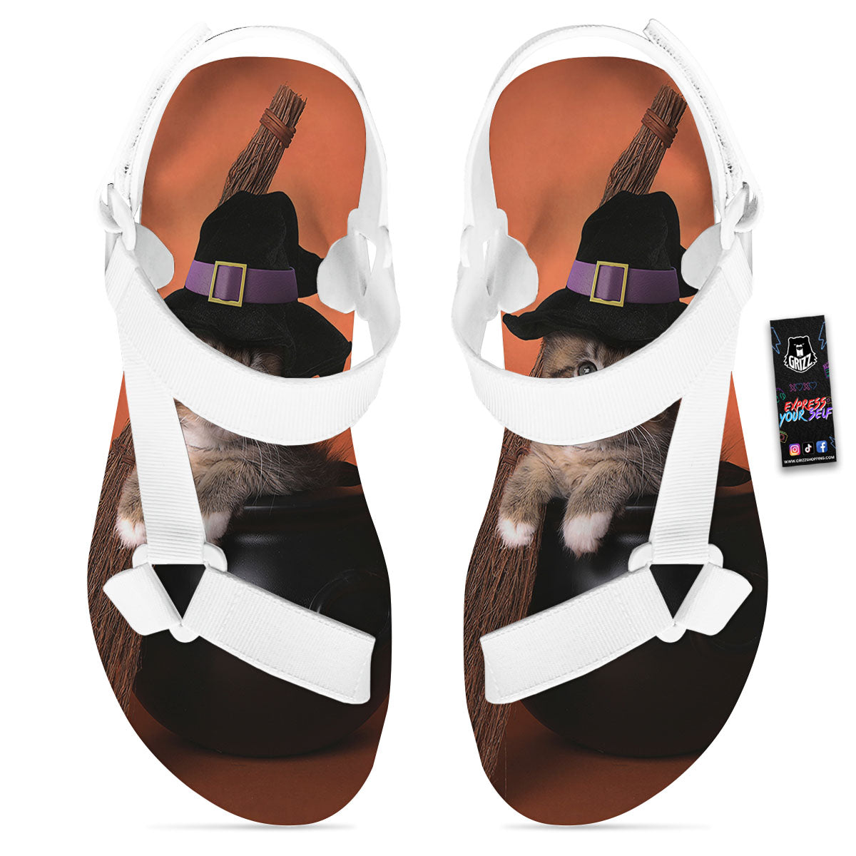 Witch Cat Halloween Cute Print White Open Toe Sandals-grizzshop