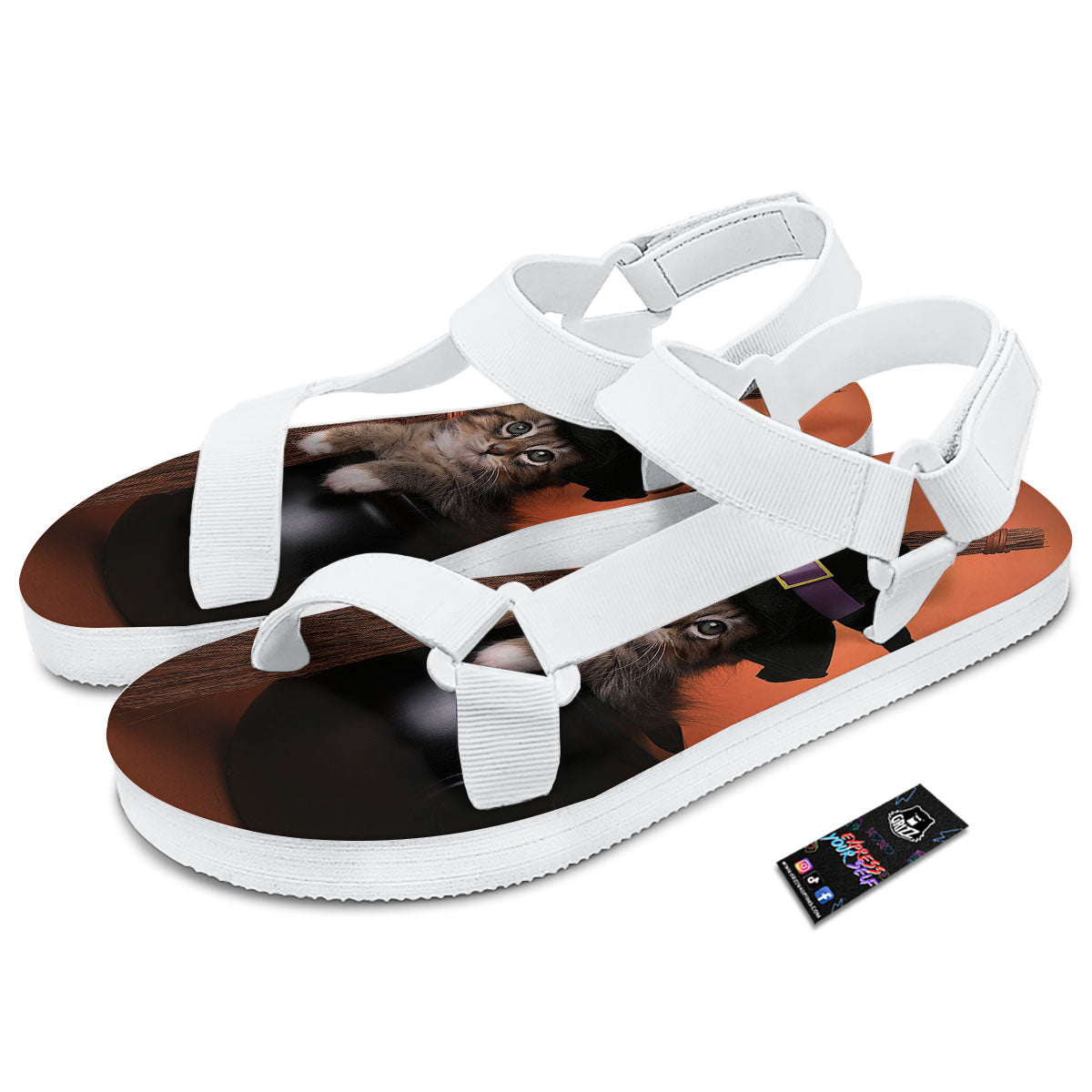 Witch Cat Halloween Cute Print White Open Toe Sandals-grizzshop