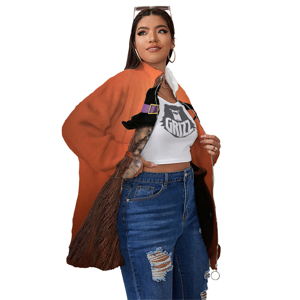 Witch Cat Halloween Cute Print Women's Sherpa Jacket-grizzshop