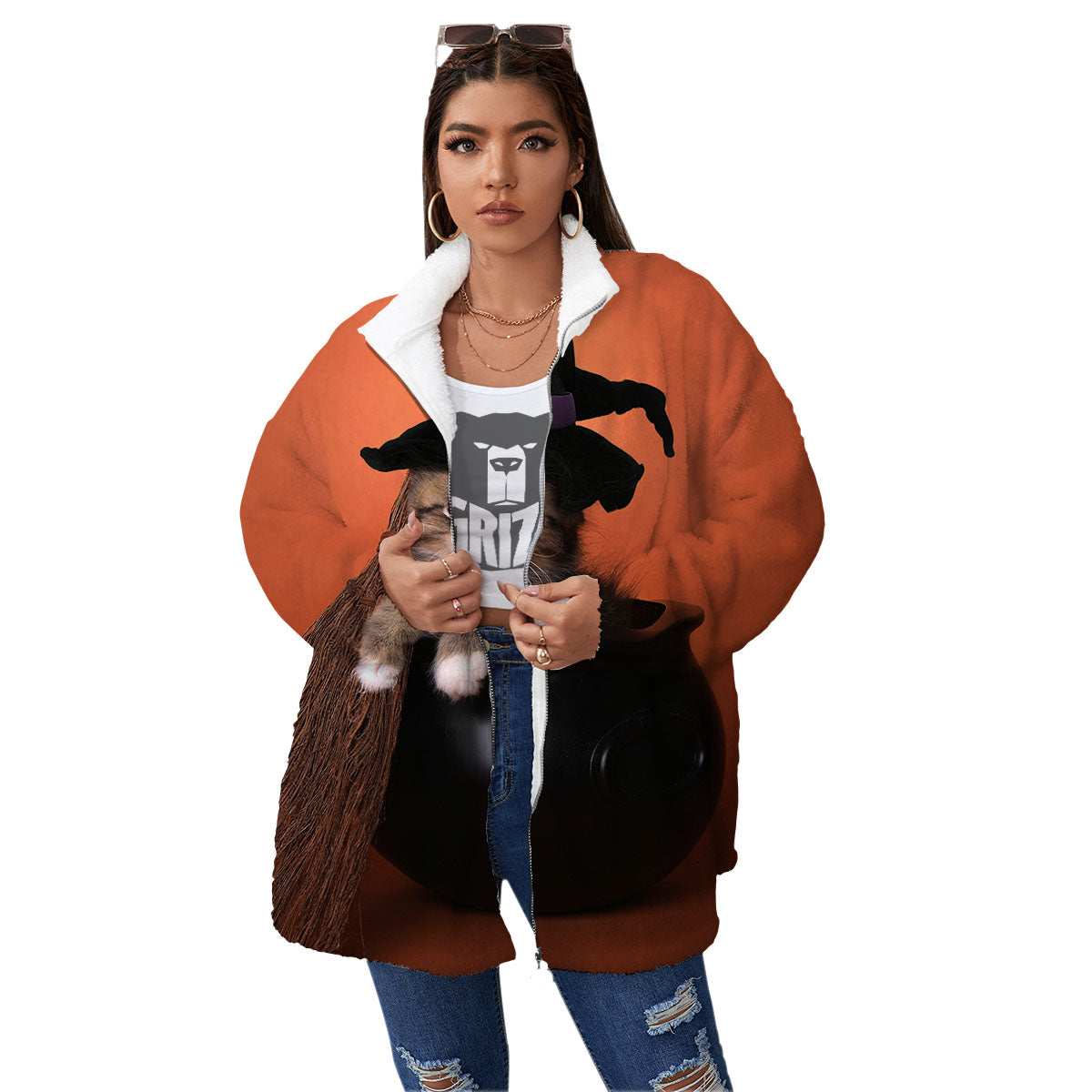 Witch Cat Halloween Cute Print Women's Sherpa Jacket-grizzshop