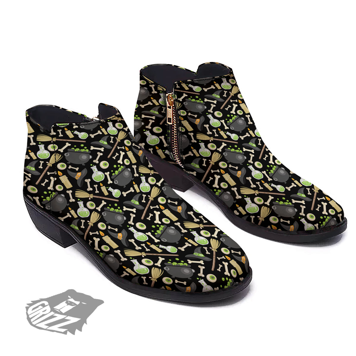 Witch Cauldron Green Print Pattern Ankle Boots-grizzshop