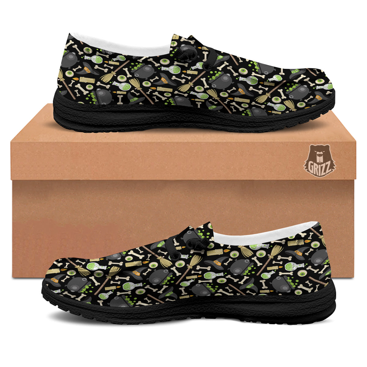 Witch Cauldron Green Print Pattern Black Loafers-grizzshop
