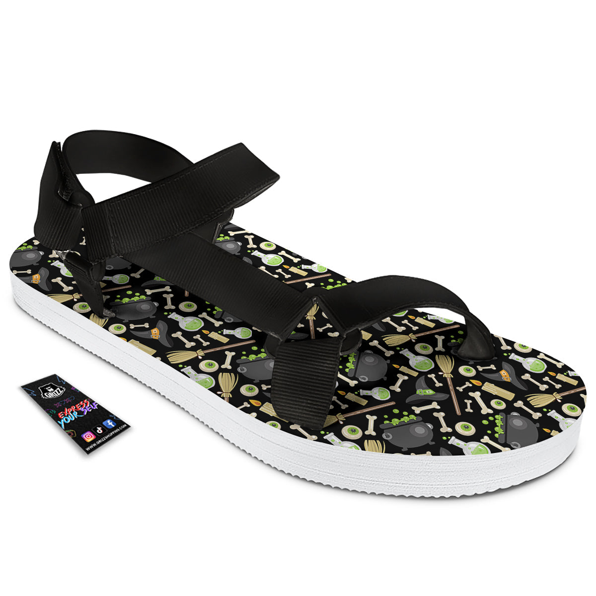 Witch Cauldron Green Print Pattern Black Open Toe Sandals-grizzshop
