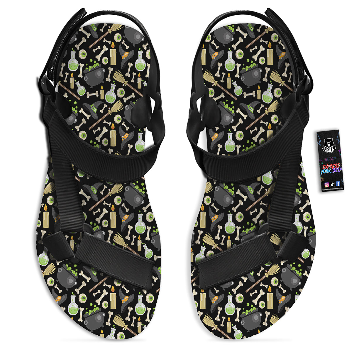 Witch Cauldron Green Print Pattern Black Open Toe Sandals-grizzshop