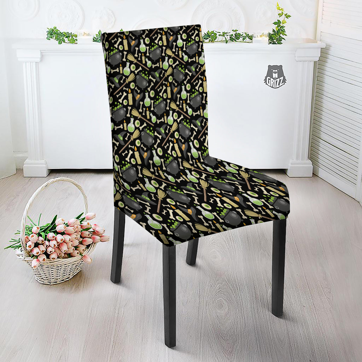 Witch Cauldron Green Print Pattern Dining Chair Slipcover-grizzshop