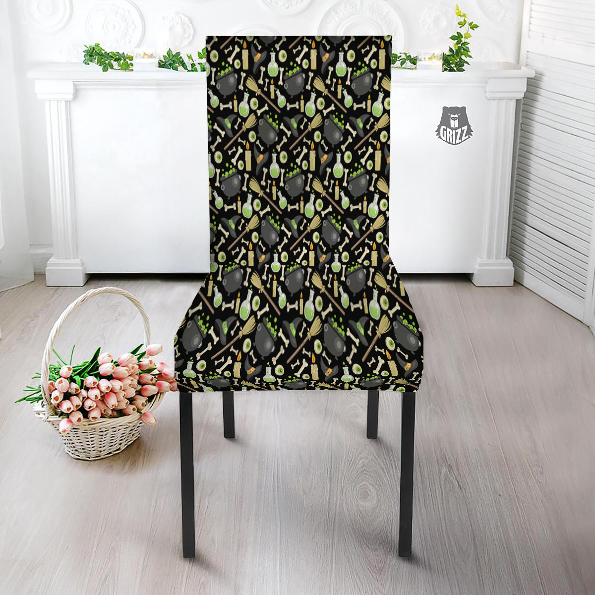 Witch Cauldron Green Print Pattern Dining Chair Slipcover-grizzshop