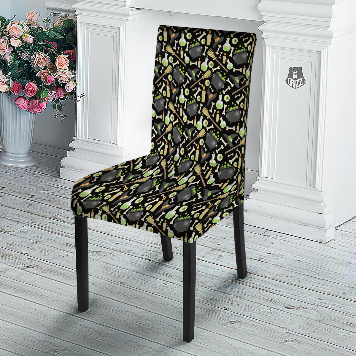 Witch Cauldron Green Print Pattern Dining Chair Slipcover-grizzshop