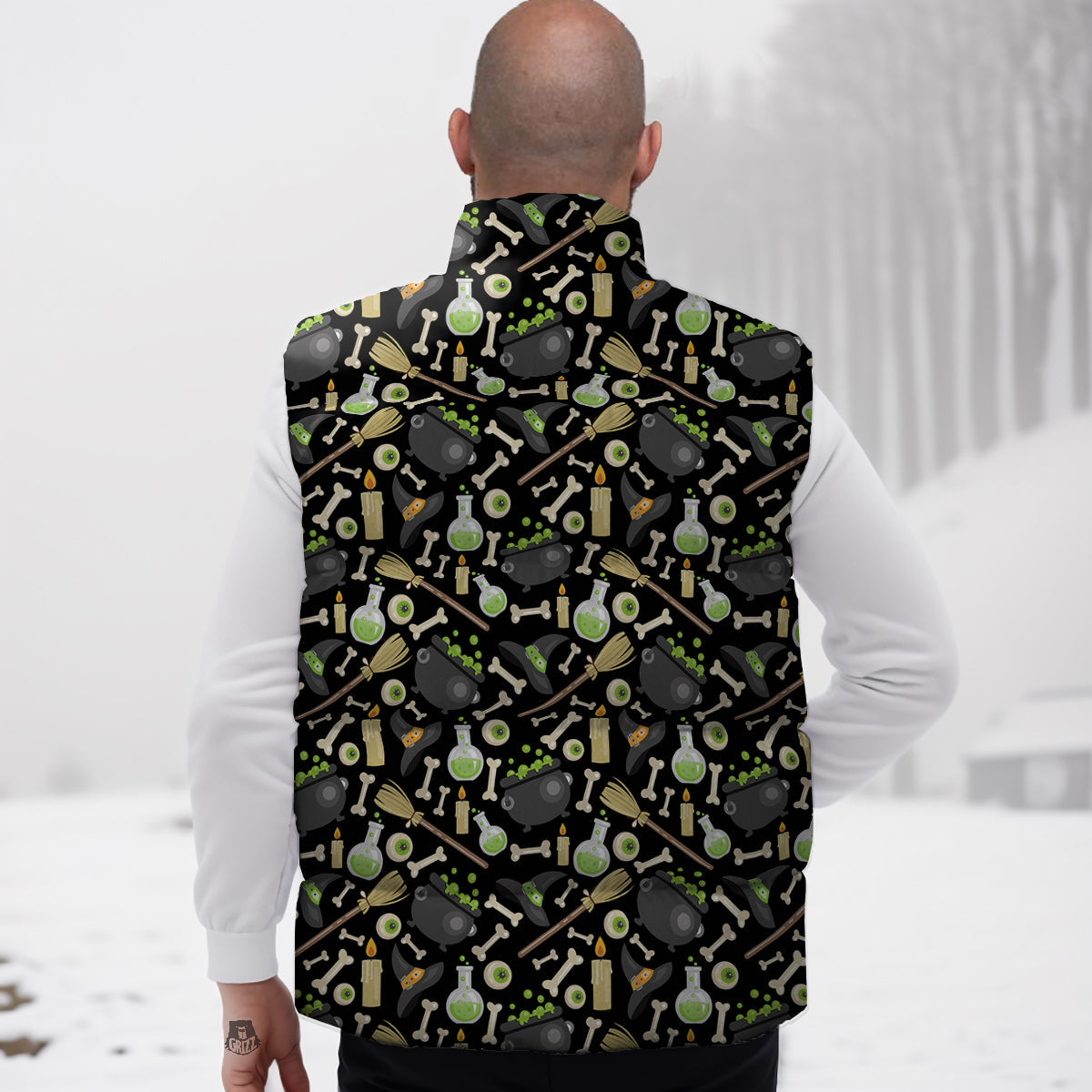 Witch Cauldron Green Print Pattern Down Vest-grizzshop