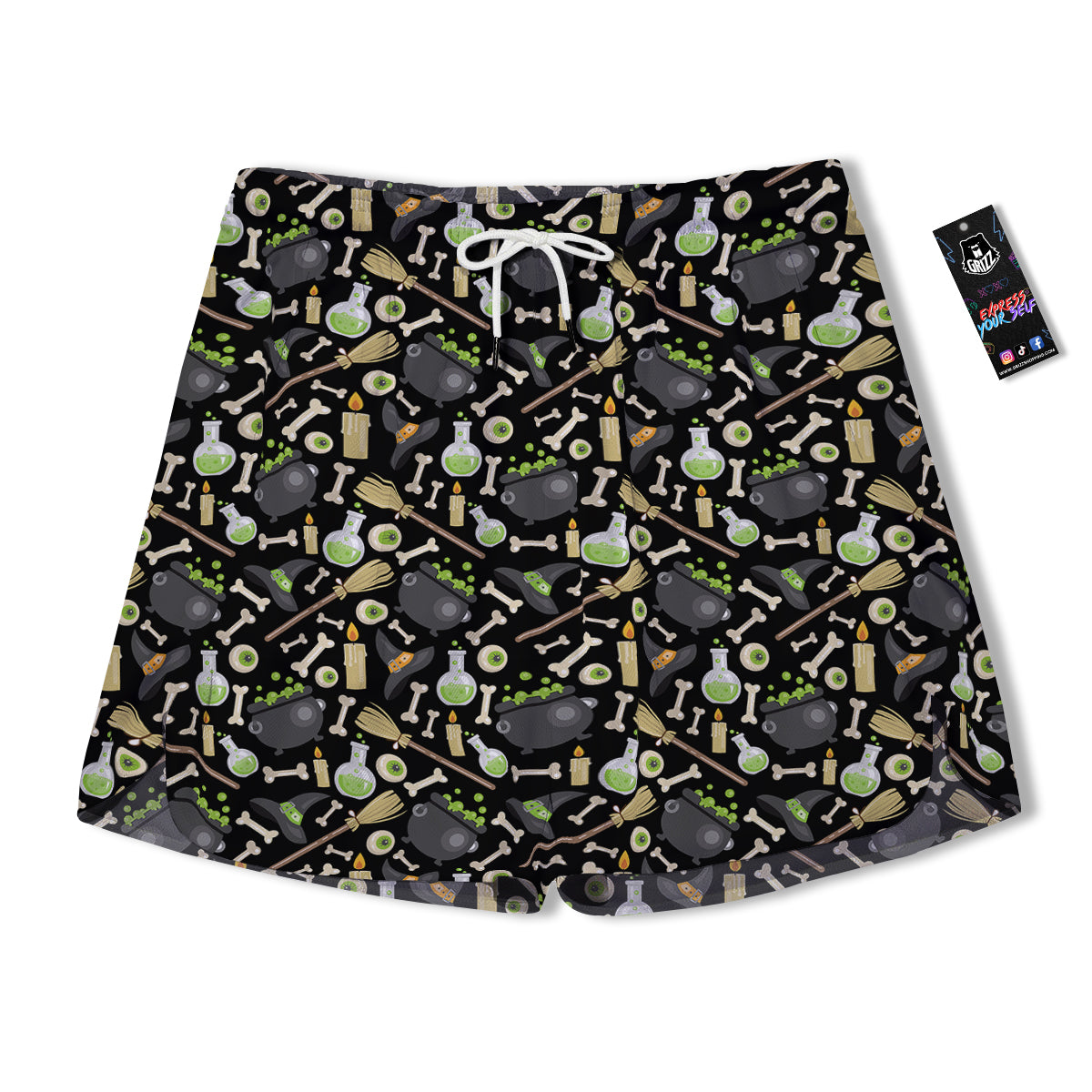 Witch Cauldron Green Print Pattern Men's Running Shorts-grizzshop
