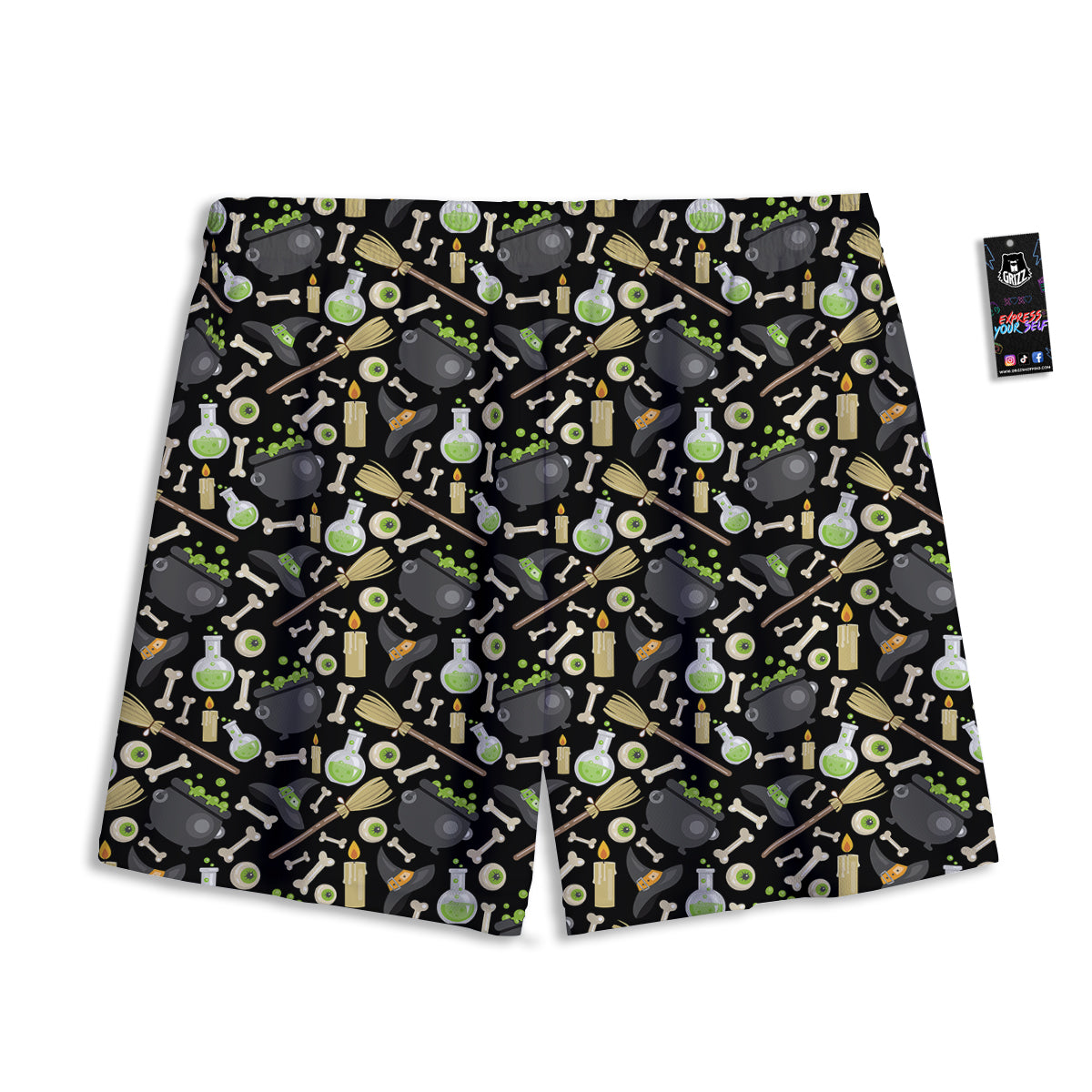 Witch Cauldron Green Print Pattern Mesh Shorts-grizzshop