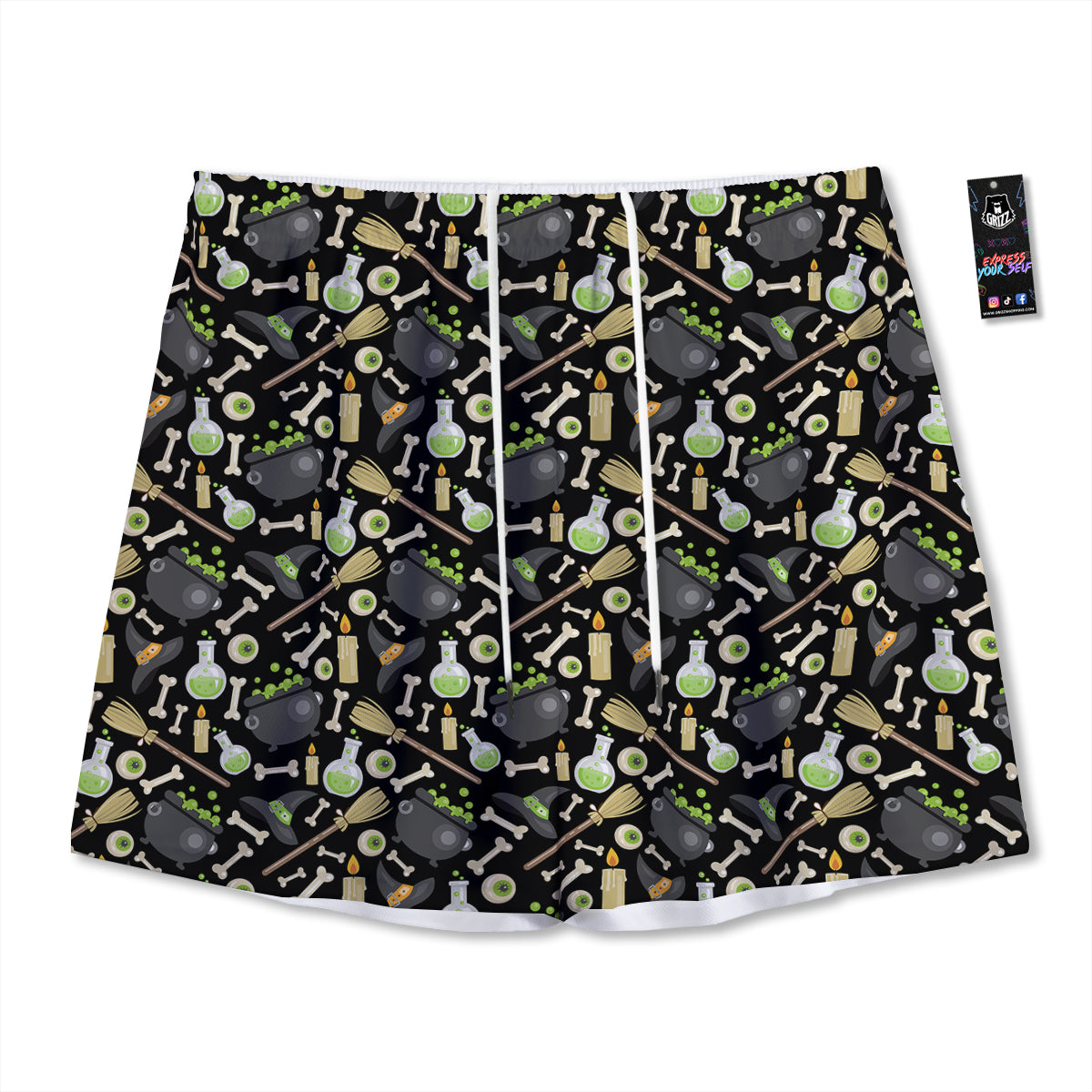 Witch Cauldron Green Print Pattern Mesh Shorts-grizzshop