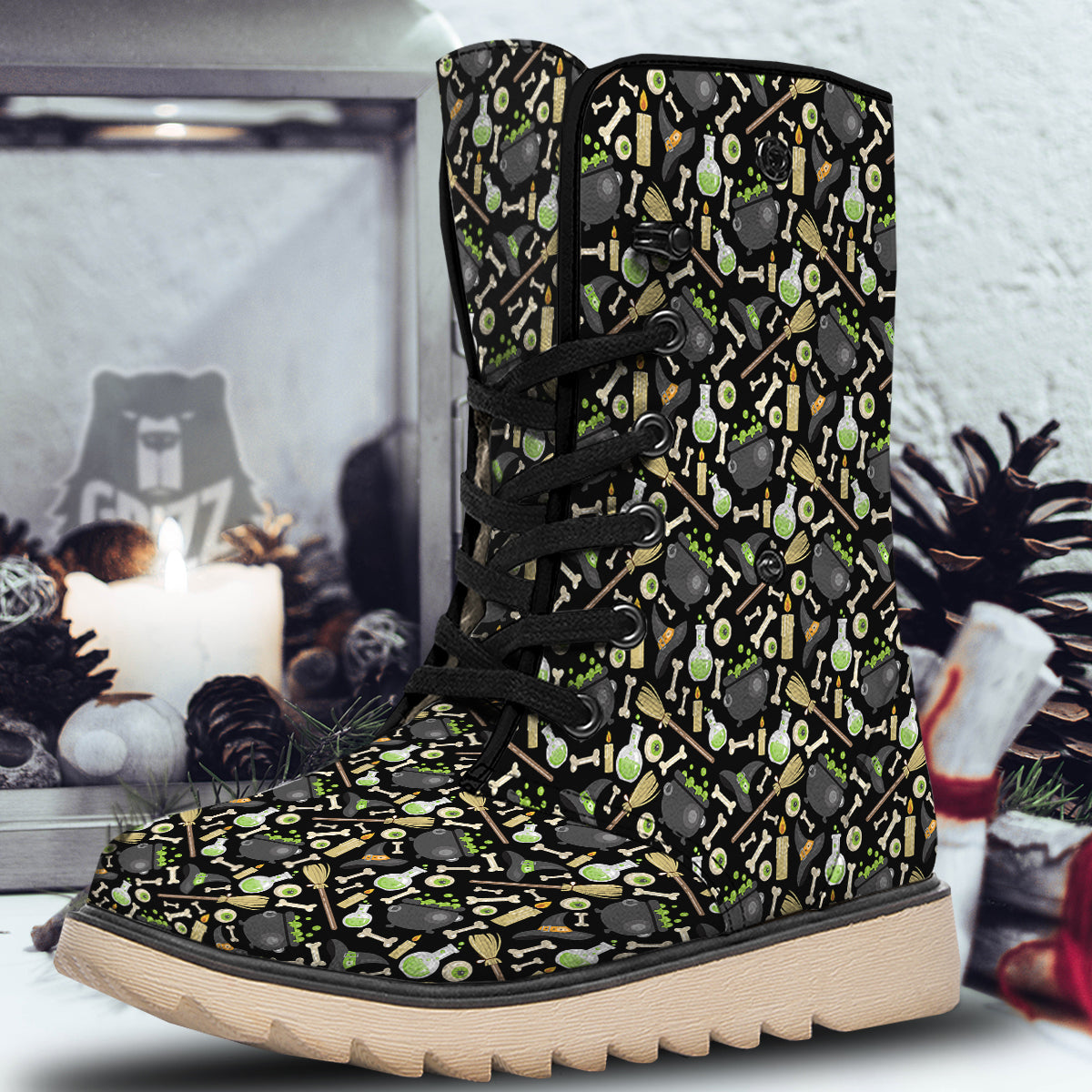 Witch Cauldron Green Print Pattern Snow Boots-grizzshop