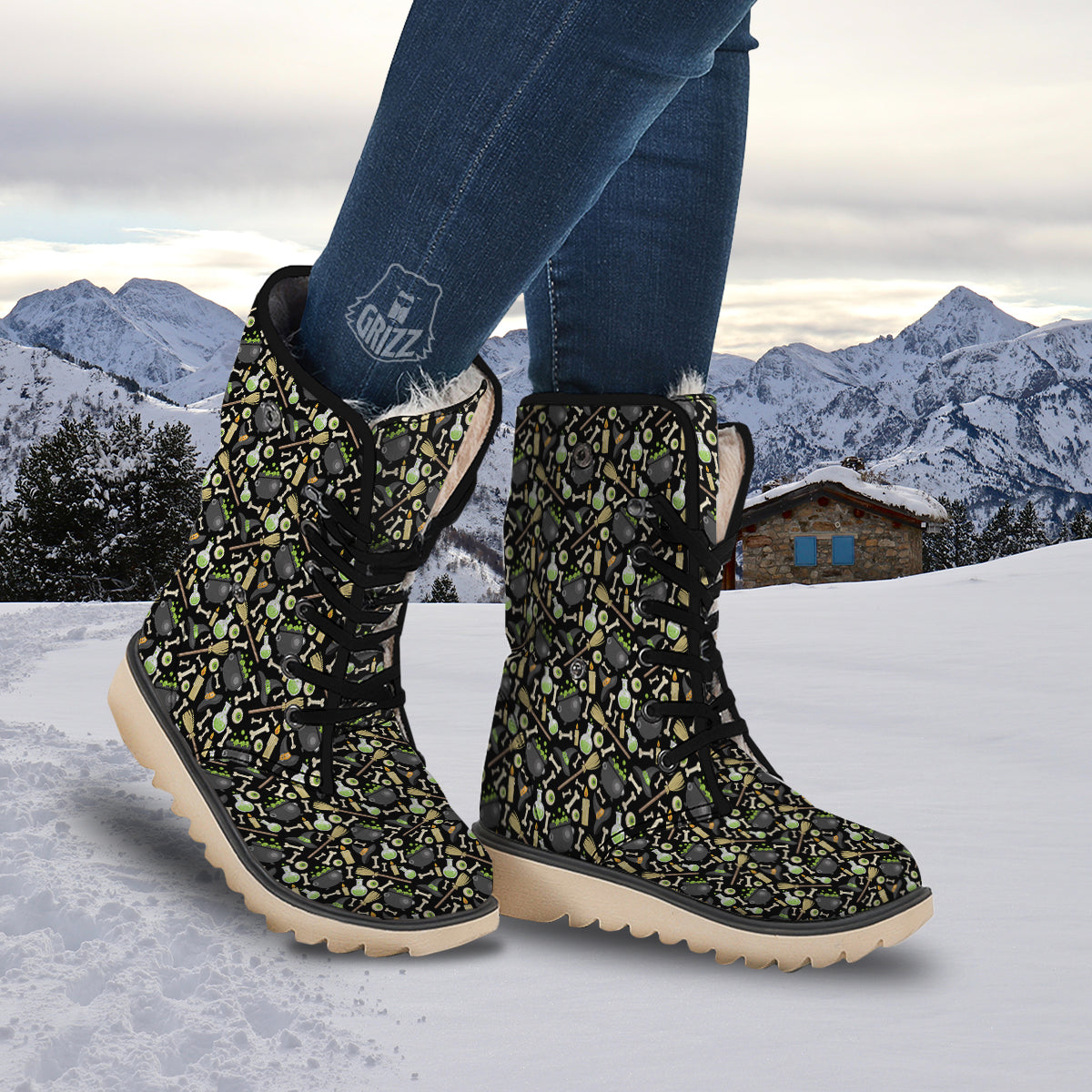 Witch Cauldron Green Print Pattern Snow Boots-grizzshop
