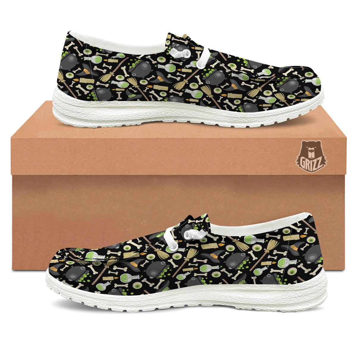 Witch Cauldron Green Print Pattern White Loafers-grizzshop