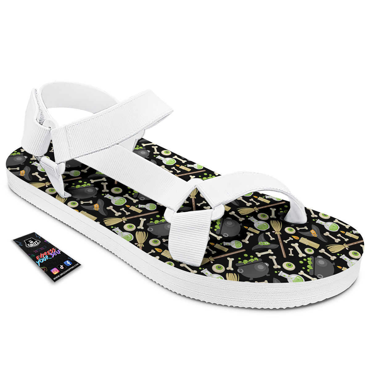 Witch Cauldron Green Print Pattern White Open Toe Sandals-grizzshop