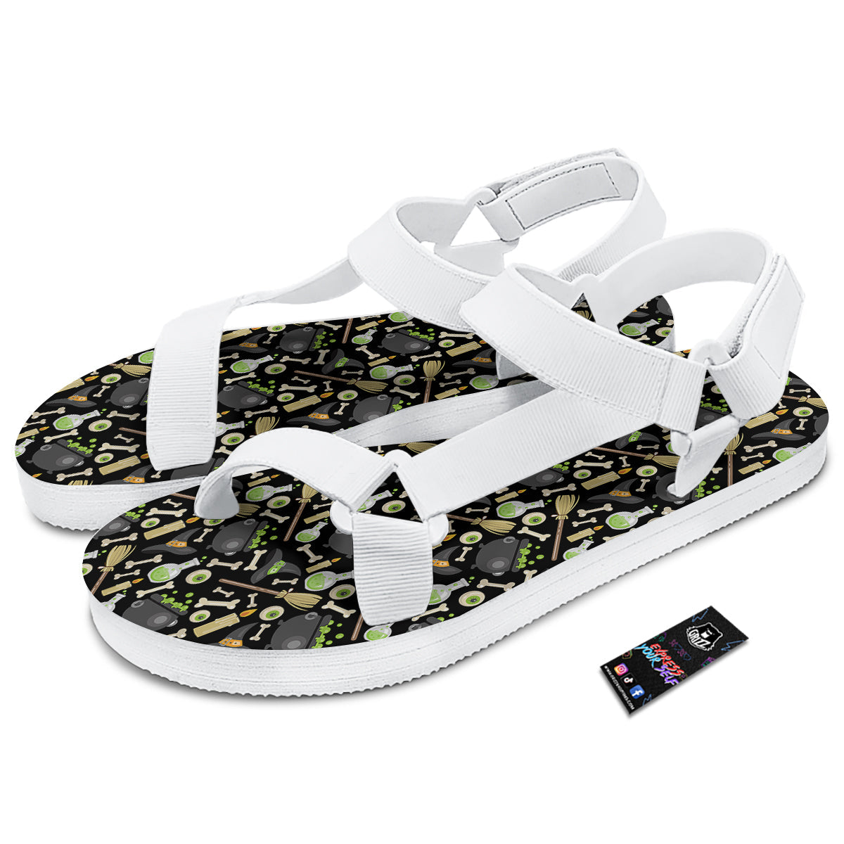 Witch Cauldron Green Print Pattern White Open Toe Sandals-grizzshop