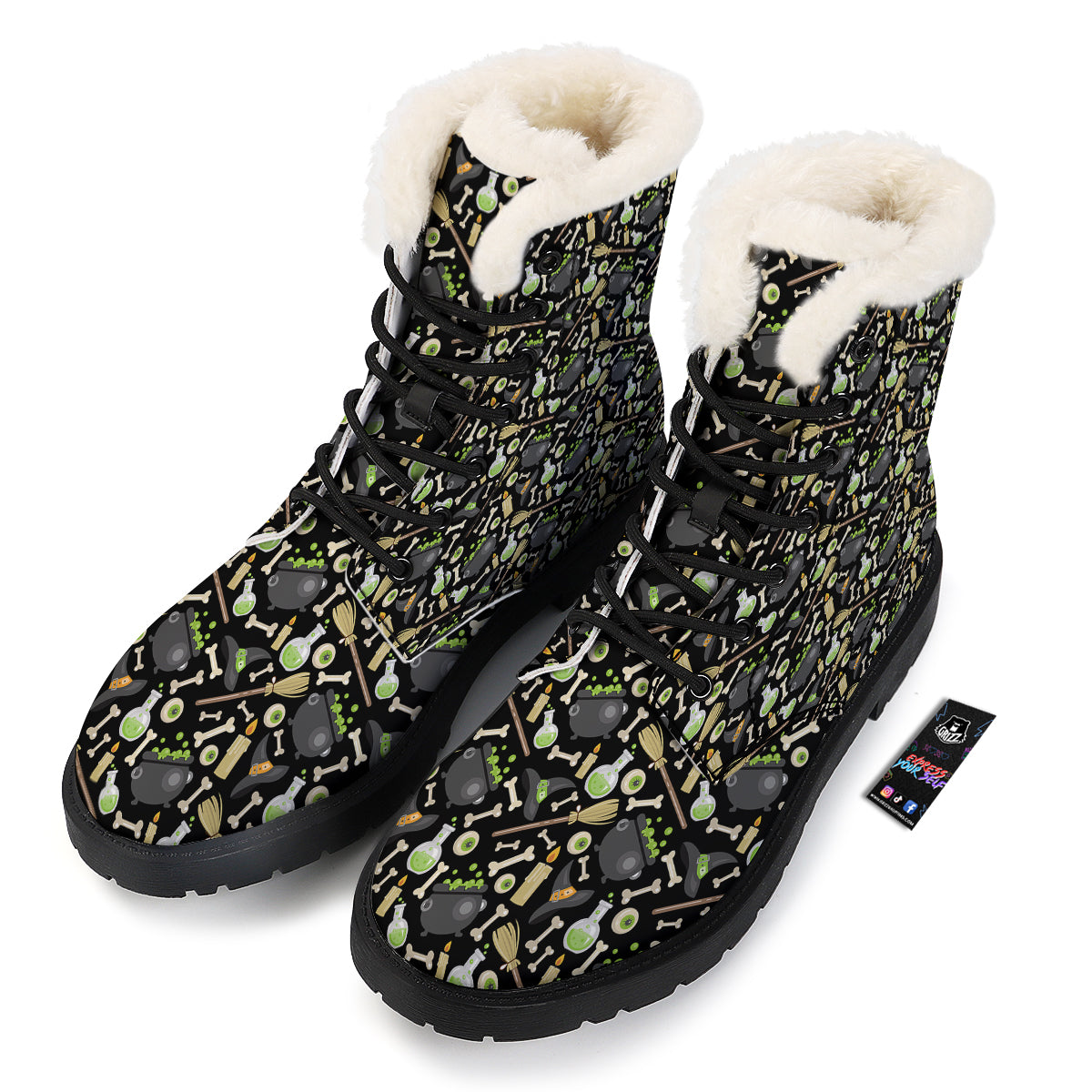 Witch Cauldron Green Print Pattern Winter Boots-grizzshop