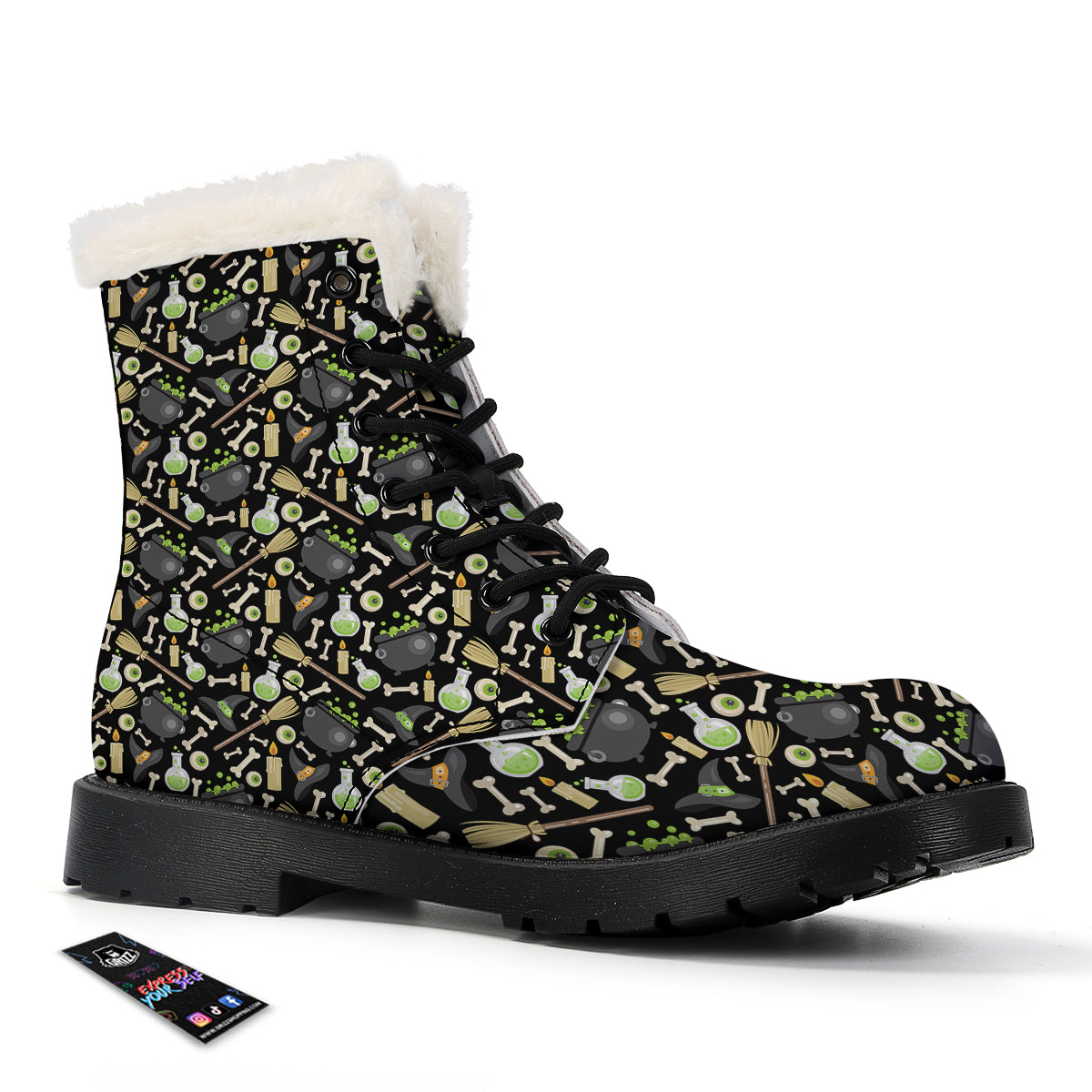 Witch Cauldron Green Print Pattern Winter Boots-grizzshop