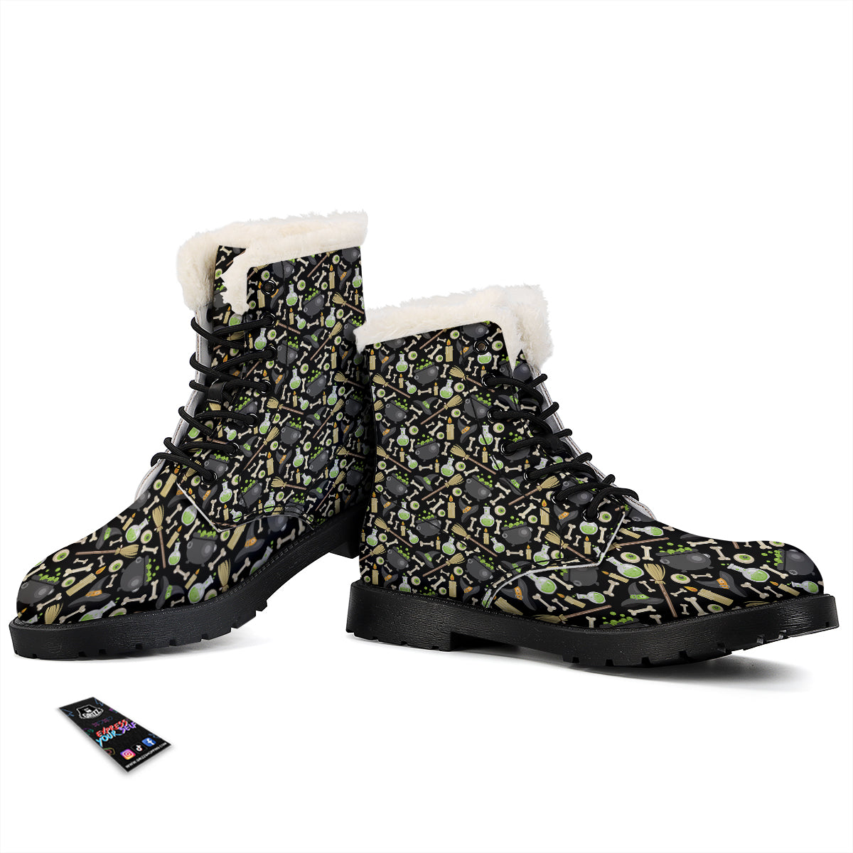 Witch Cauldron Green Print Pattern Winter Boots-grizzshop