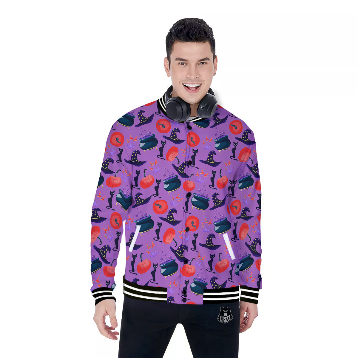Witch Cauldron Halloween Print Pattern Baseball Jacket-grizzshop