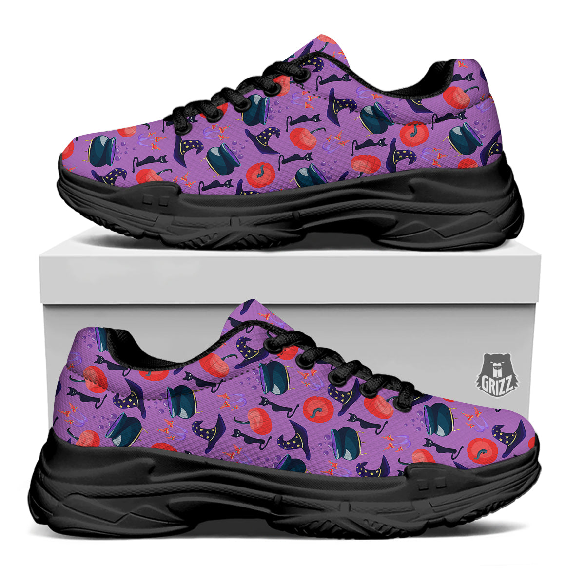 Witch Cauldron Halloween Print Pattern Black Chunky Shoes-grizzshop