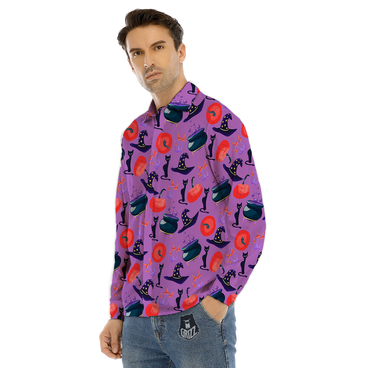 Witch Cauldron Halloween Print Pattern Men's Dress Shirts-grizzshop