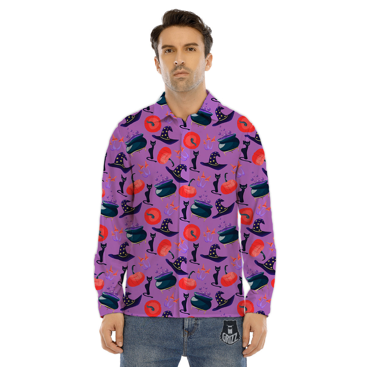 Witch Cauldron Halloween Print Pattern Men's Dress Shirts-grizzshop