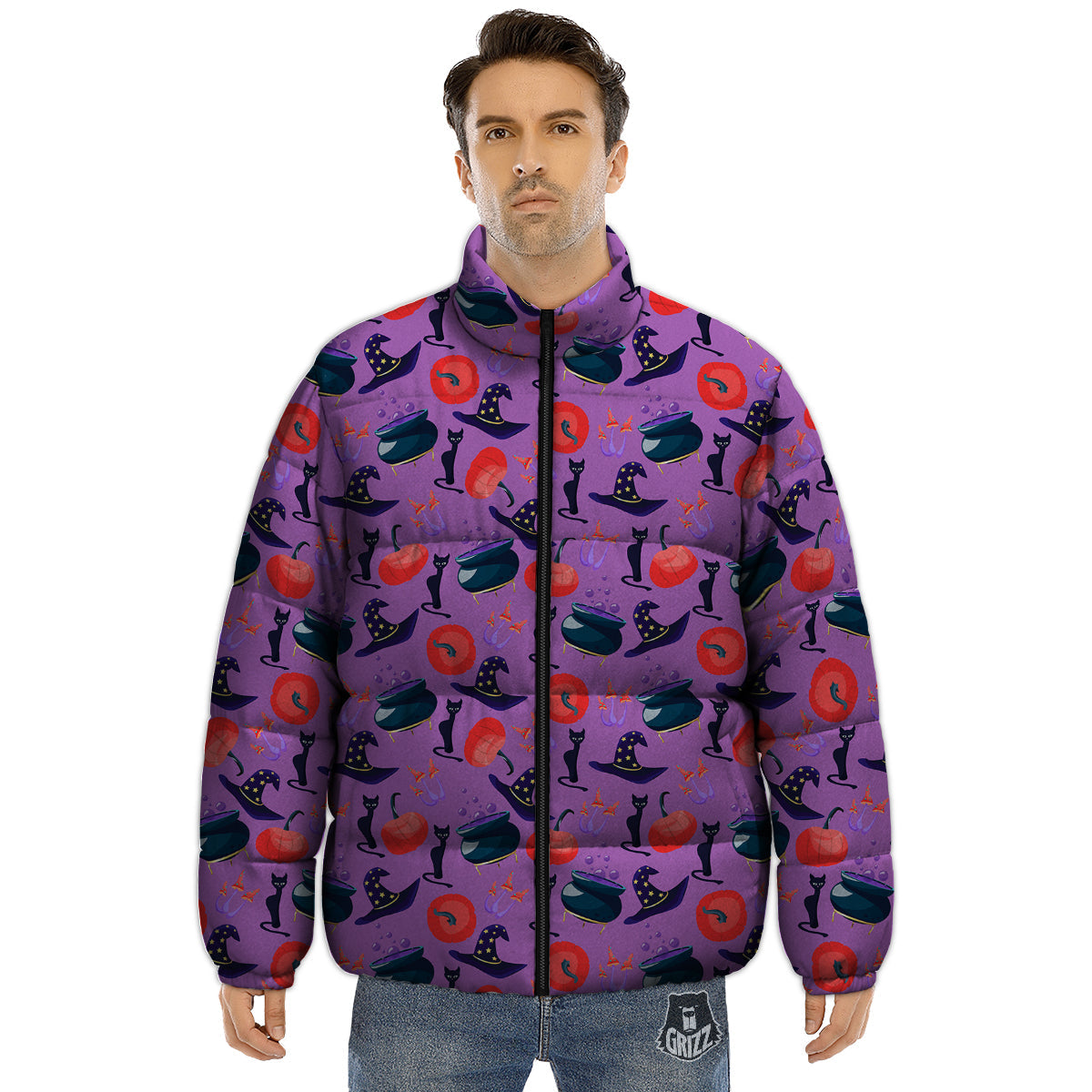 Witch Cauldron Halloween Print Pattern Puffer Jacket-grizzshop