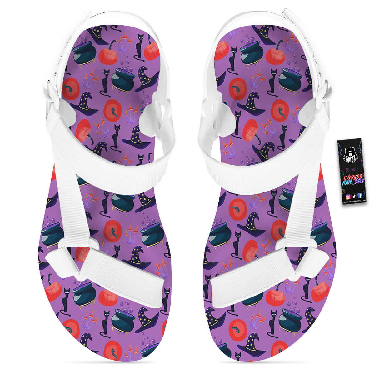 Witch Cauldron Halloween Print Pattern White Open Toe Sandals-grizzshop
