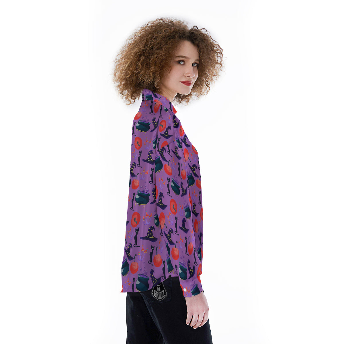 Witch Cauldron Halloween Print Pattern Women's Long Sleeve Shirts-grizzshop