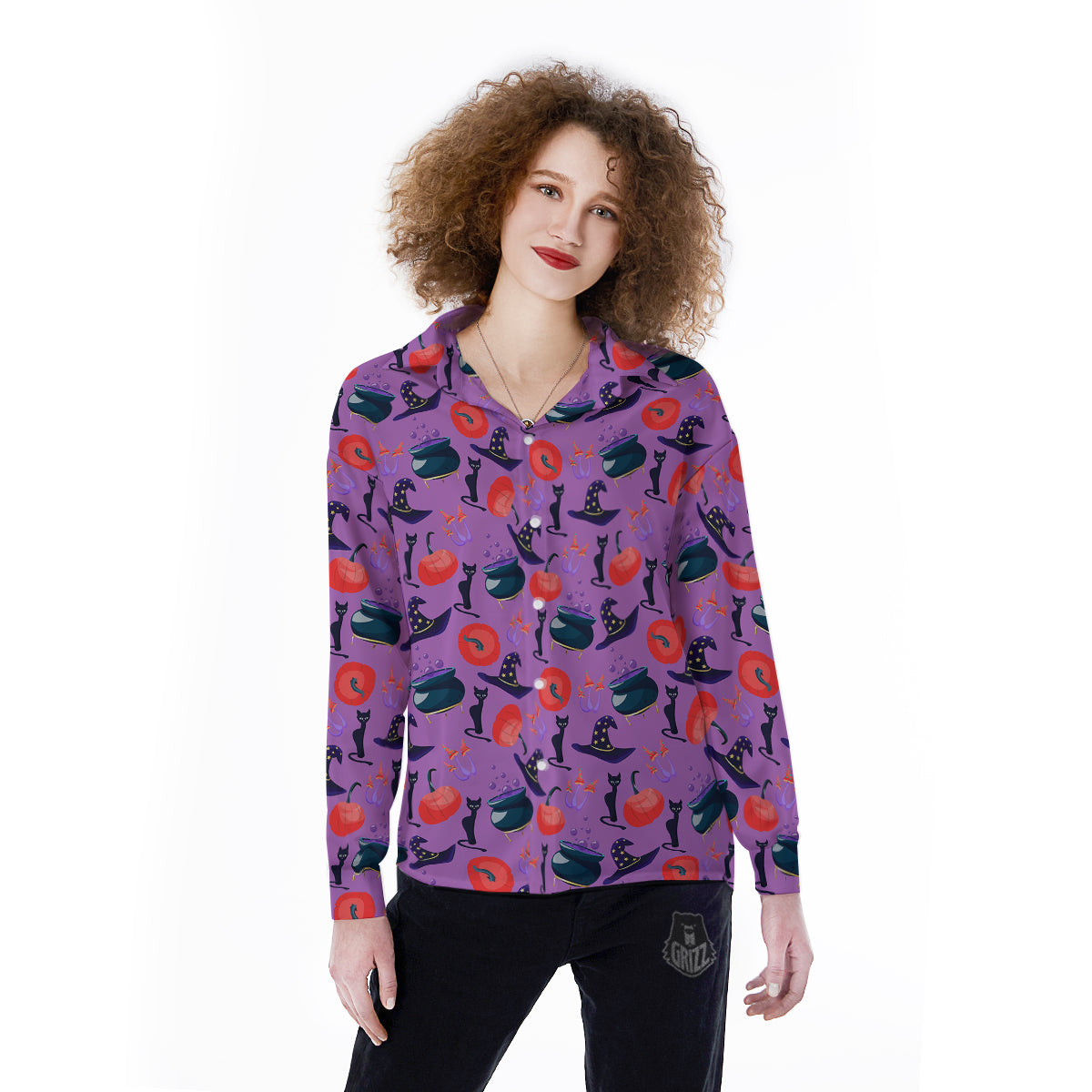 Witch Cauldron Halloween Print Pattern Women's Long Sleeve Shirts-grizzshop