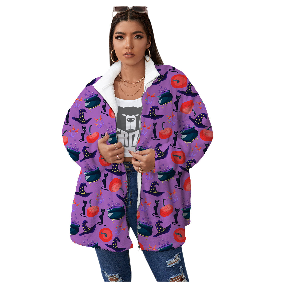 Witch Cauldron Halloween Print Pattern Women's Sherpa Jacket-grizzshop