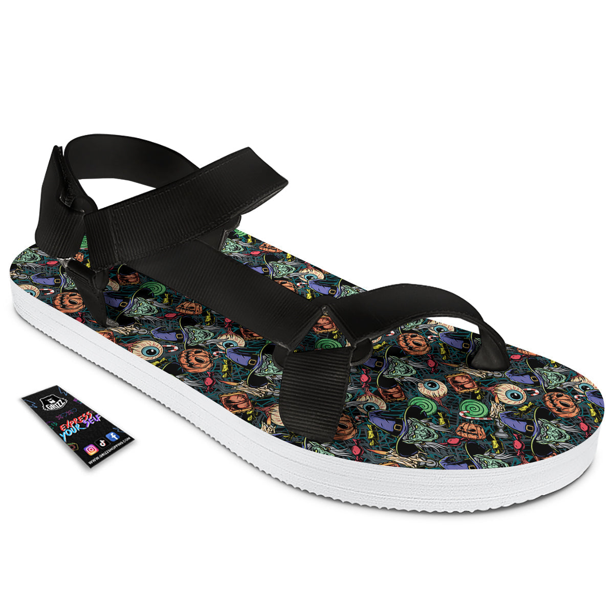 Witch Halloween Elements Print Pattern Black Open Toe Sandals-grizzshop