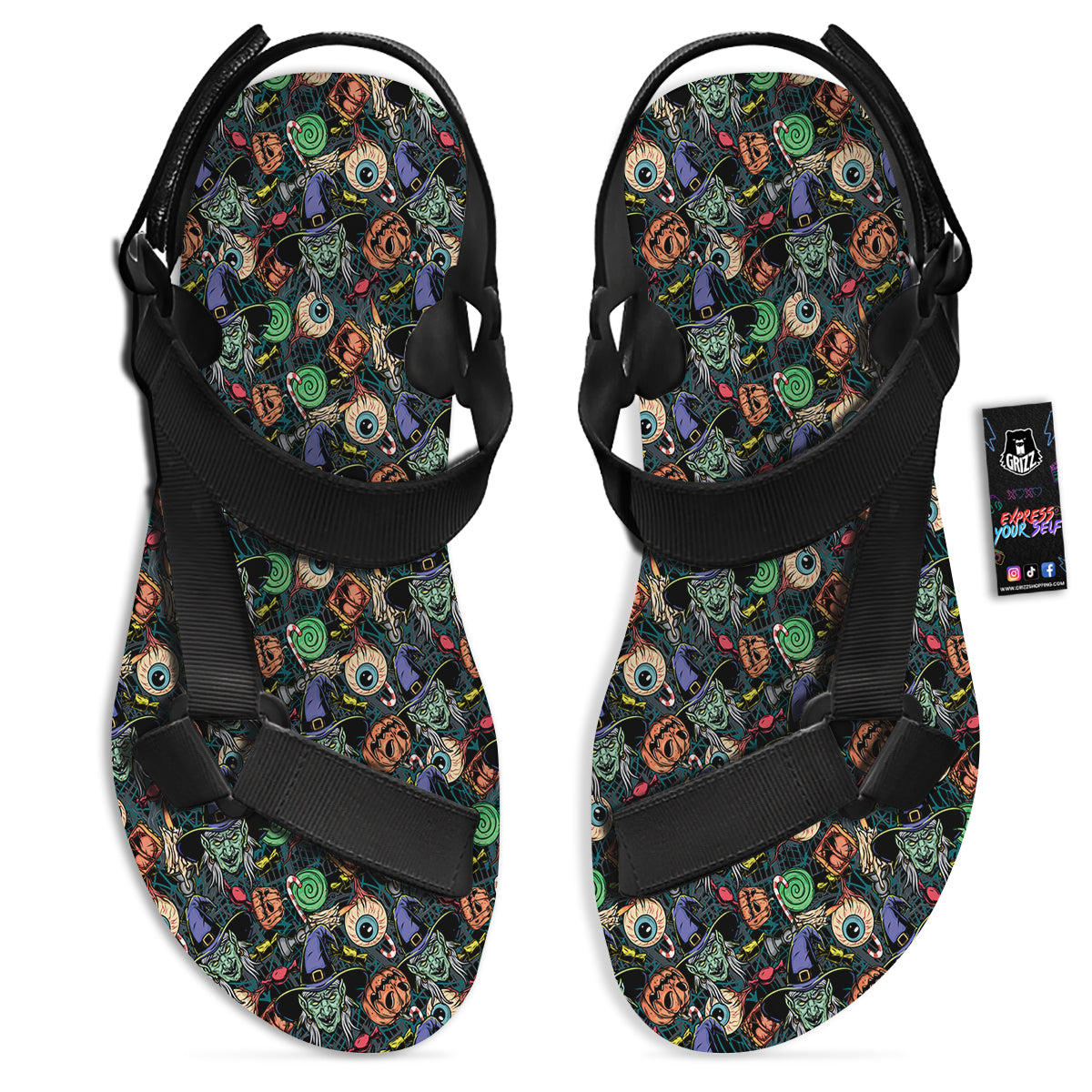 Witch Halloween Elements Print Pattern Black Open Toe Sandals-grizzshop