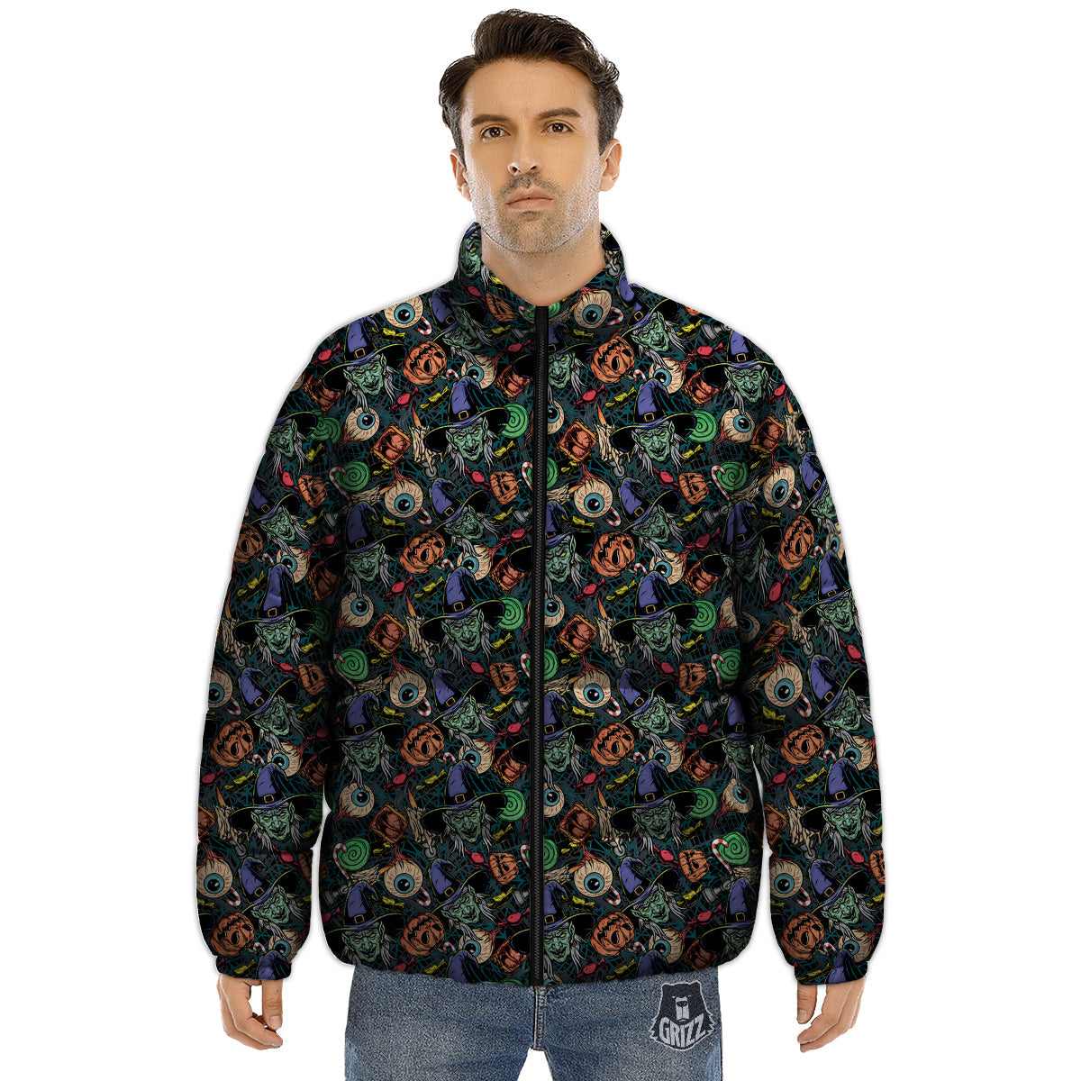 Witch Halloween Elements Print Pattern Puffer Jacket-grizzshop