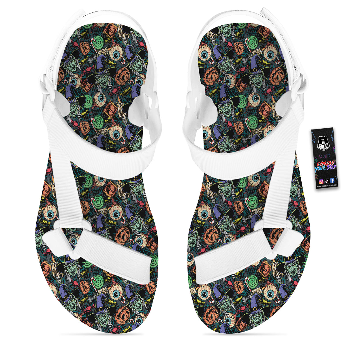 Witch Halloween Elements Print Pattern White Open Toe Sandals-grizzshop