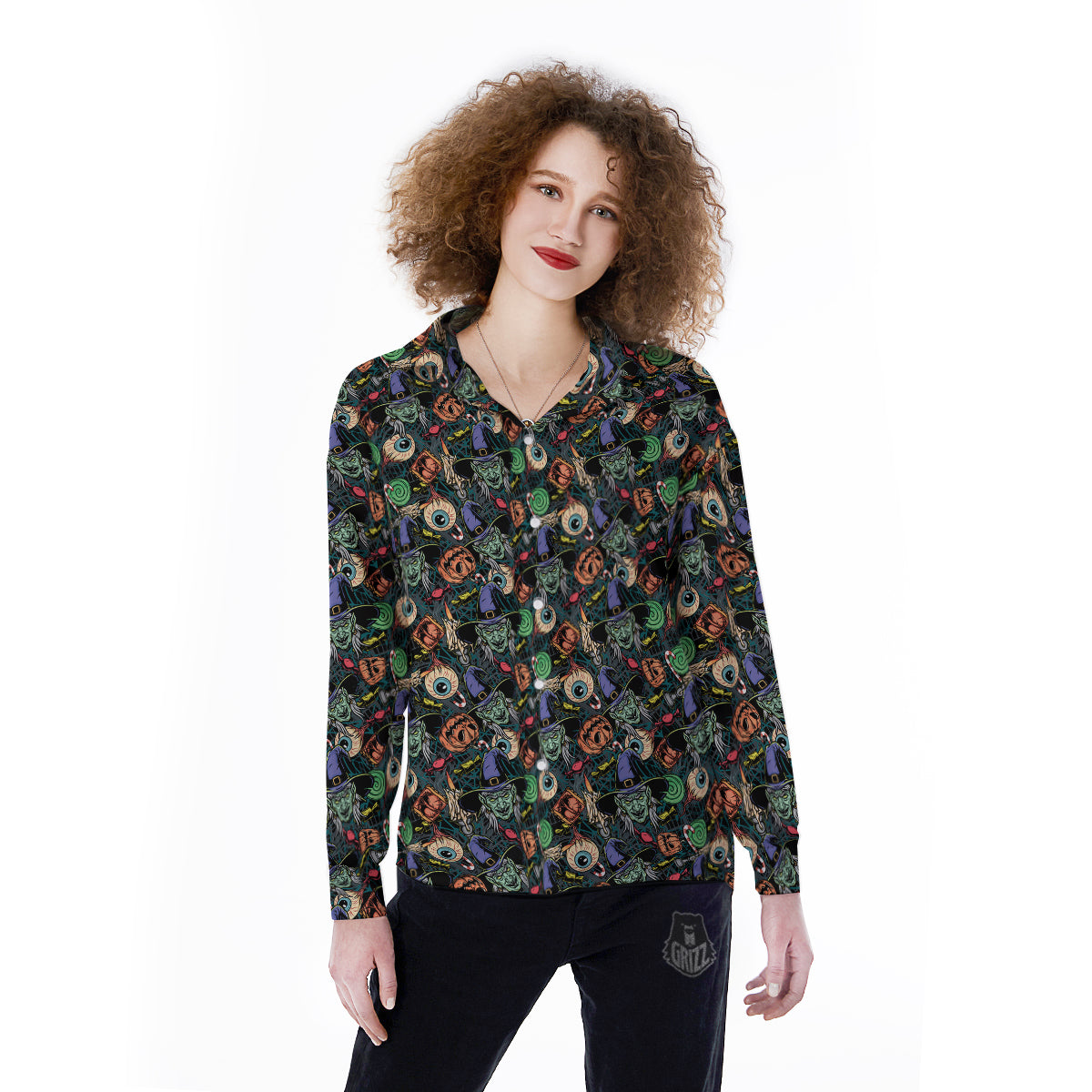 Witch Halloween Elements Print Pattern Women's Long Sleeve Shirts-grizzshop