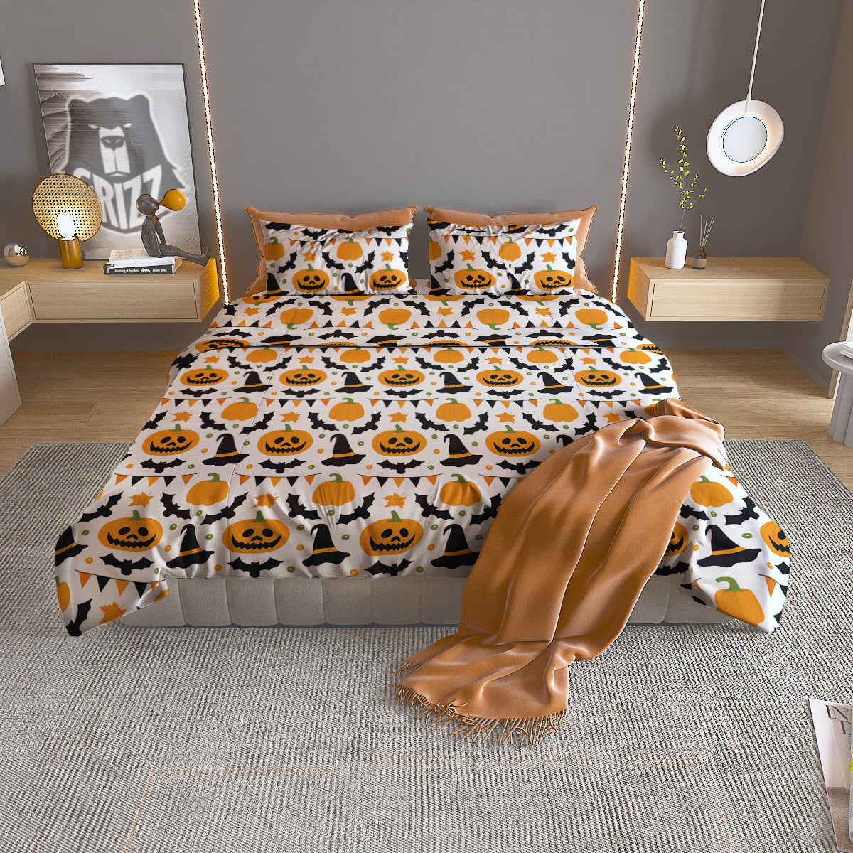 Witch Hat Halloween Print Pattern Duvet Cover Bedding Set