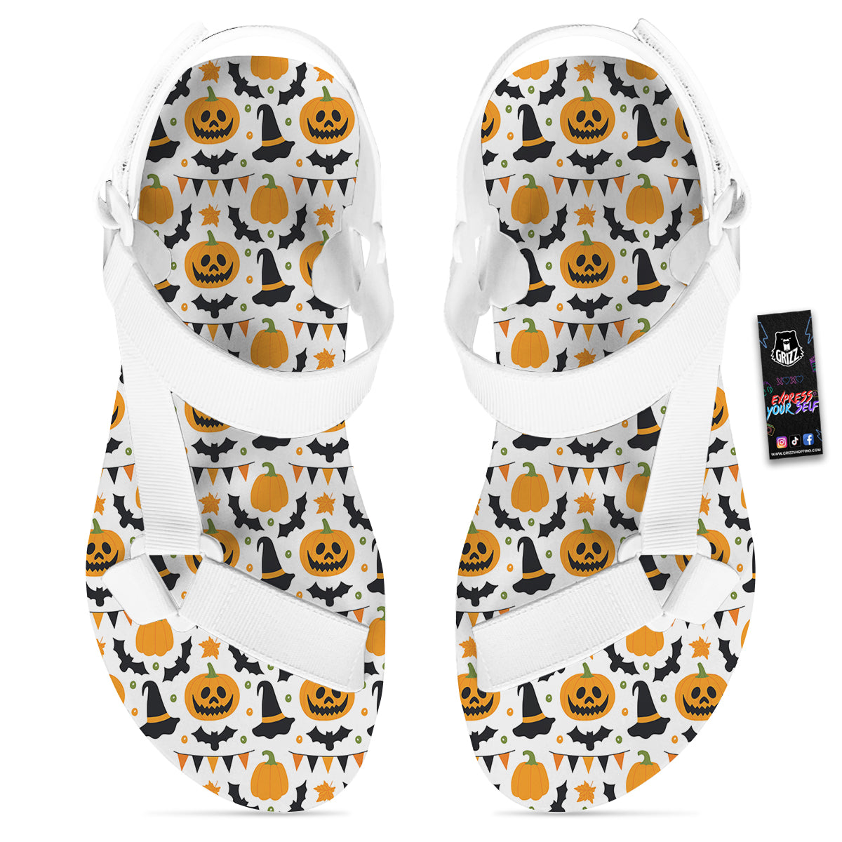 Witch Hat Halloween Print Pattern White Open Toe Sandals-grizzshop