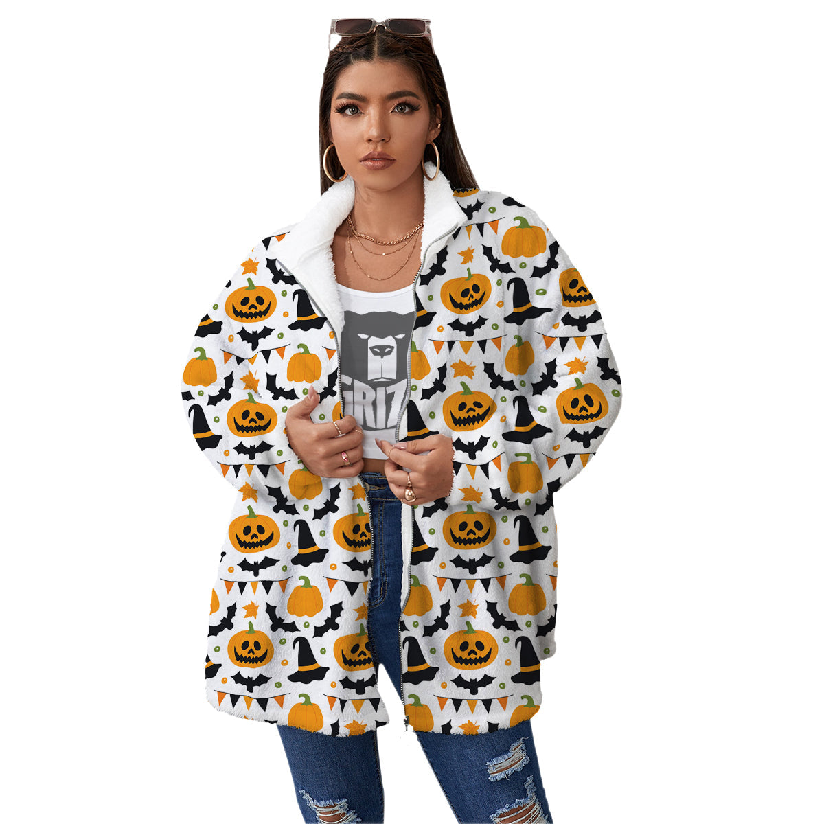Witch Hat Halloween Print Pattern Women's Sherpa Jacket-grizzshop
