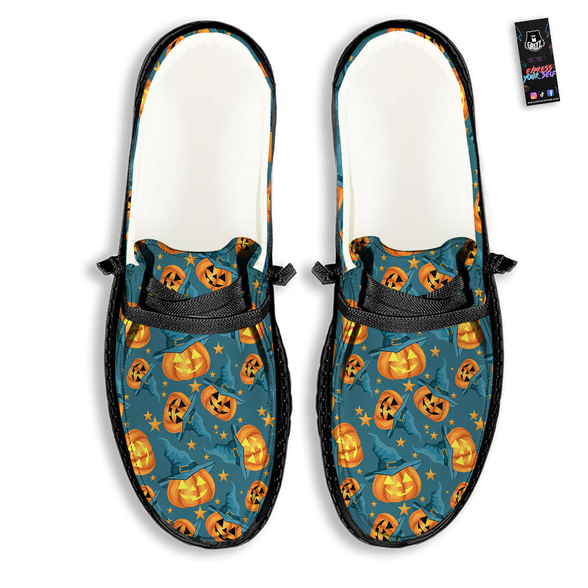 Witch Hat Pumpkin Print Pattern Black Loafers-grizzshop
