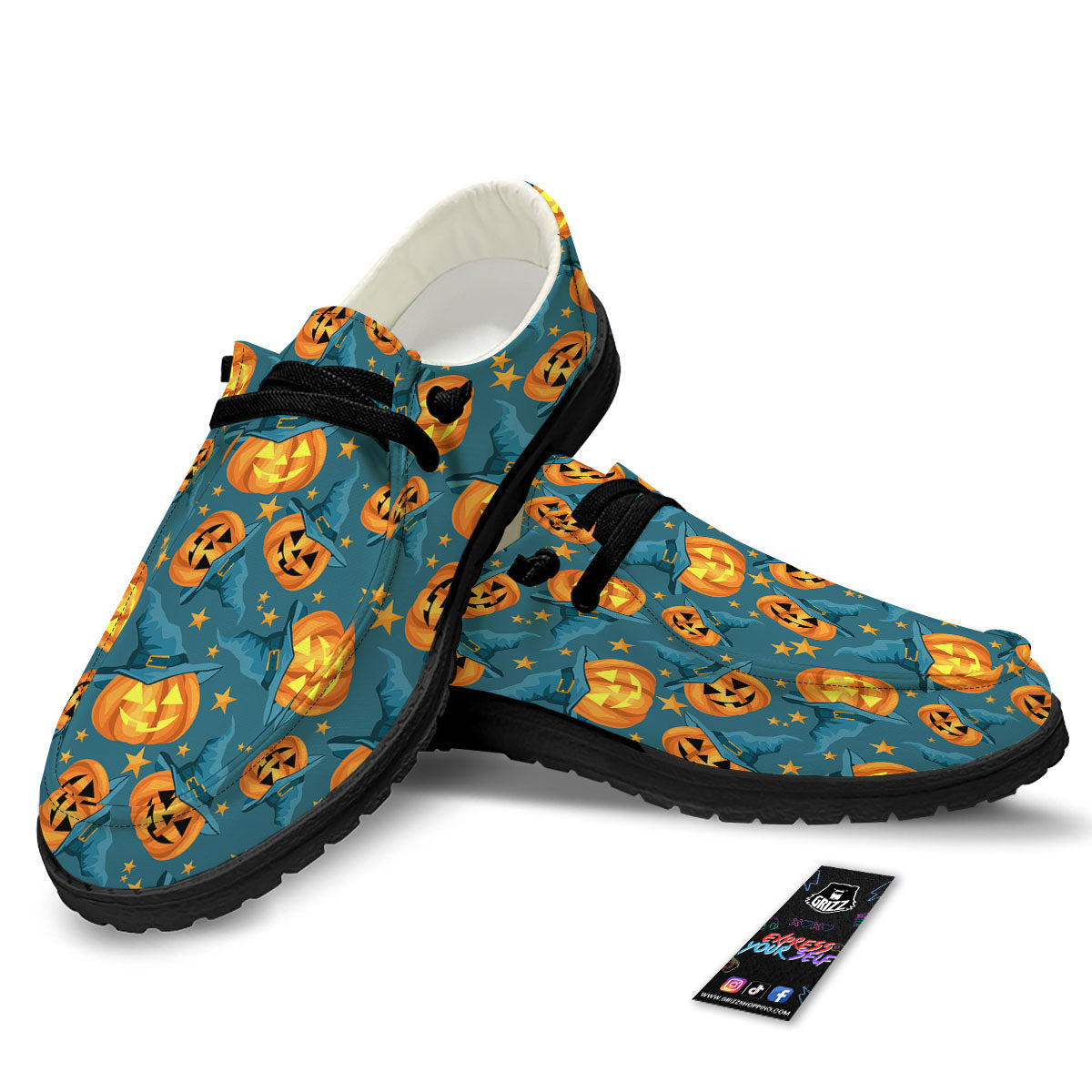 Witch Hat Pumpkin Print Pattern Black Loafers-grizzshop