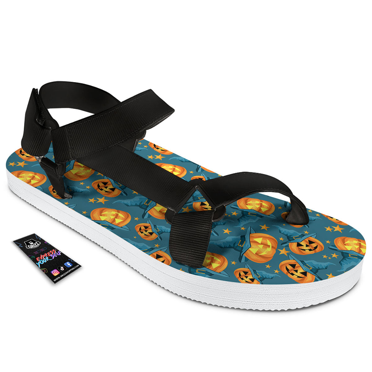 Witch Hat Pumpkin Print Pattern Black Open Toe Sandals-grizzshop